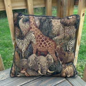 Vintage Animal Print Tapestry throw pillow 12x12 in Safari Giraffe Zebra Lion